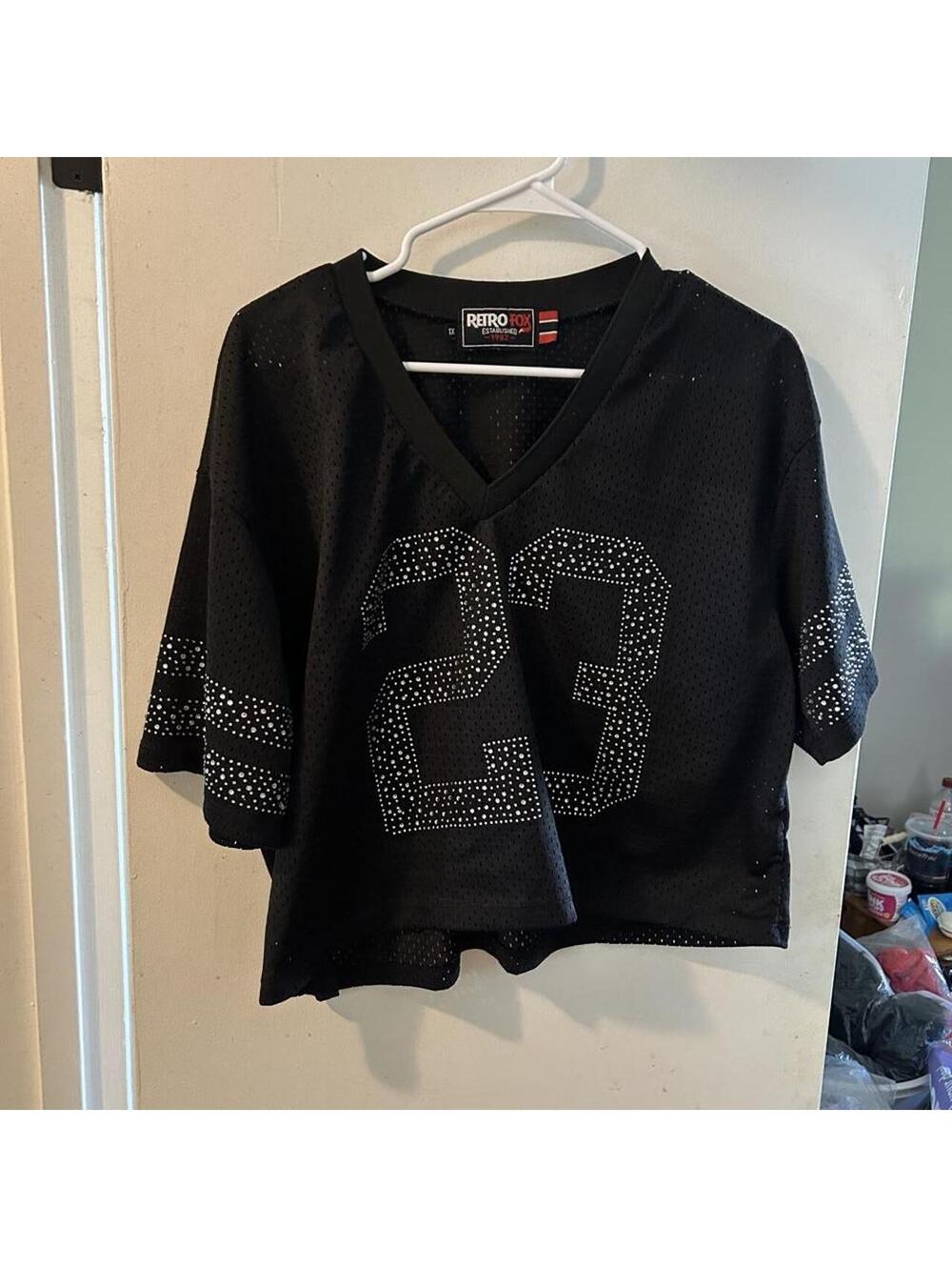 Retro Fox Black cropped jersey with white rhinestone number 23, size 1X